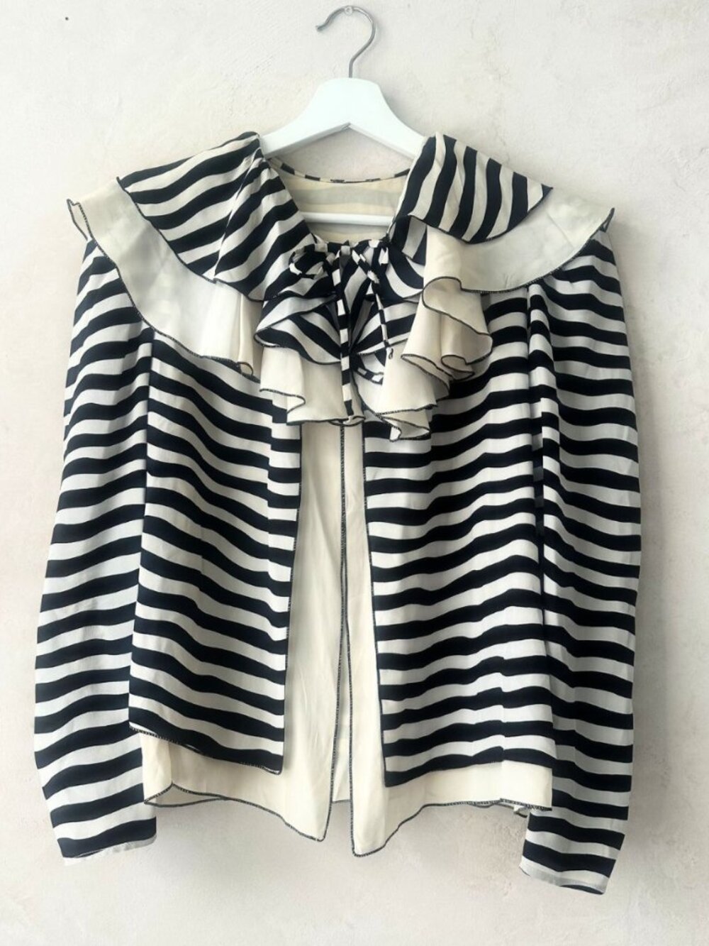 VINTAGE MADE IN FRANCE 100% SILK STRIPED RUFFLE TIE BLOUSE